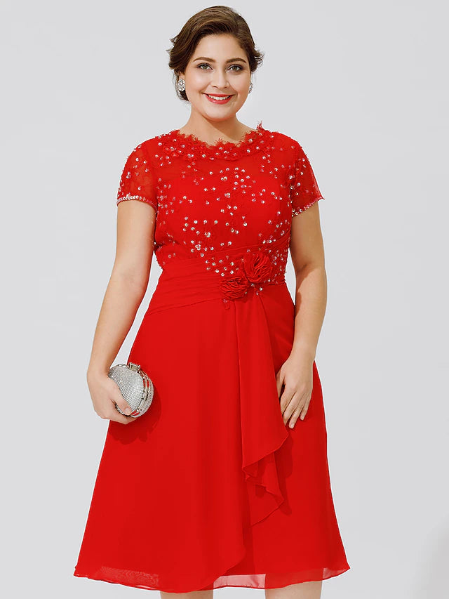 A-Linien-Kleid für die Brautmutter, elegant und luxuriös, schöner Rücken, Übergröße, Rundhalsausschnitt, knielang, Chiffon, Perlenspitze, kurze Ärmel, ohne Falten, Perlenbesatz, Blumen